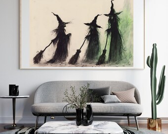 Gothic Witches Halloween Poster | Spooky Broomsticks Wall Art (Digital Download)