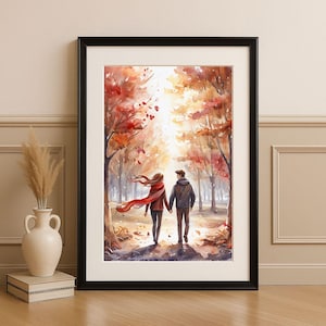 Romantisches Paar Kunst | Poster Aquarell Kunstdruck Gemütliches Wohndekor |  Landschaft Liebe Print |