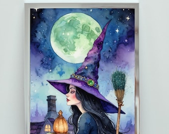 Watercolor Witch Art | Spooky Halloween Wall Decor | Enchanting Witch Poster