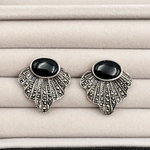 Vintage Onyx, Marcasite + Sterling Silver Earrings