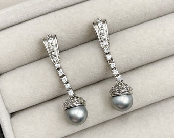 925 Sterling Silver, Freshwater Pearl  + CZ Dangle Earrings
