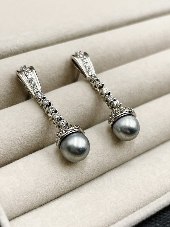 925 Sterling Silver, Freshwater Pearl  + CZ Dangl… - image 2