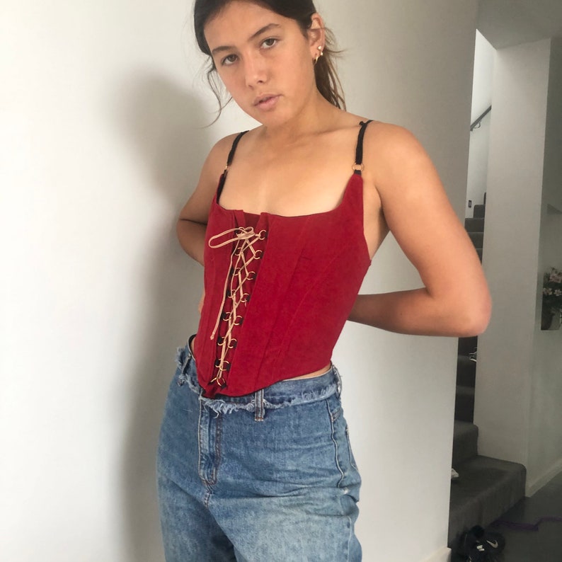 handmade from recycled material red velvet Corset vest
