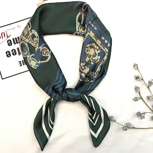 Women&#39;s Scarf, Necktie, Skinny Scarf, Vintage style scarf, Gift for mom, Spring silk scarf, Headband scarf Handbag scarf  Green Chain 27.5