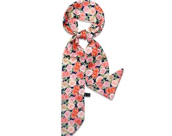 Necktie Skinny Scarf, Vintage style scarf, Gift ,Spring silk scarf, Handbag Twill Silk scarf Bag Tie  Rose Floral Daisy Print Silk Headband