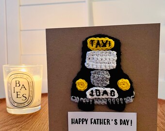 Tarjetas de felicitación personalizadas de ganchillo / Taxi negro / Cumpleaños / Taxi londinense / Tarjetas personalizadas / Coche de alquiler / Taxi / Tarjeta de cumpleaños / Taxi