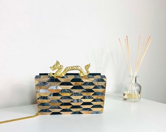 Unique Wooden Clutch Purse w/ Brown Black Geometric Pattern, Designer Handbag, Bridesmaid Bag w/ Dragon Top Handle, Wedding/Anniversary Gift