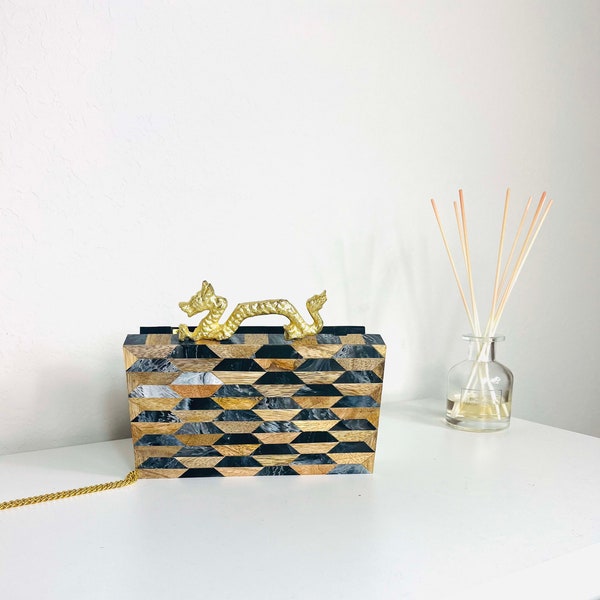 Unique Wooden Clutch Purse w/ Brown Black Geometric Pattern, Designer Handbag, Bridesmaid Bag w/ Dragon Top Handle, Wedding/Anniversary Gift