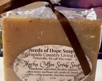 Mocha Coffee Scrub Soap, Exfoliating Bar with Coffee Grounds, Handmade Chocolate Scented Soap, Natural Cold Process Gift