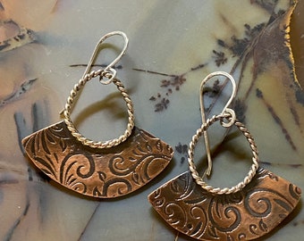 Textured copper and sterling earrings