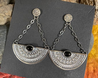 Etched Sterling Silver and Onyx Earrings