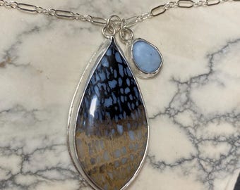 Indonesian Petrified Palmwood and Blue Opal Pendant Necklace
