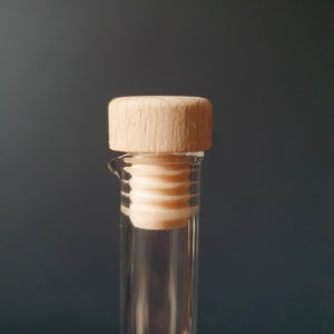 K&ouml;nnte beinhalten: Eine klare Glasflasche mit einem Stopfen aus Holz. Die Flasche ist leer und der Stopfen ist geschlossen.