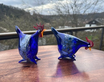 Rooster and Hen Glass Figurines | Blue Glass Animals | Hand Blown Farmhouse Decor