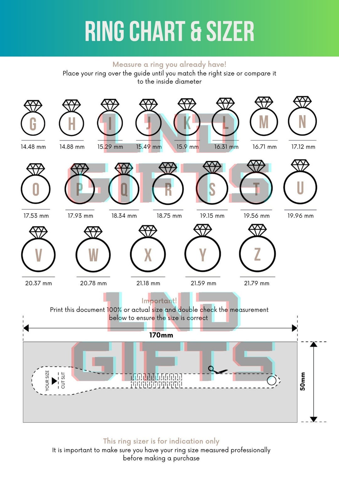 Printable Ring Size Template Design 1 Ring Size Chart Etsy