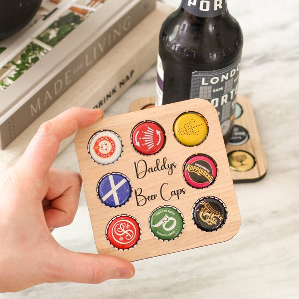 Rustic Wood Beer Cap Collector Coaster With Any Text - Perfect for Beer Enthusiasts and Home Decor