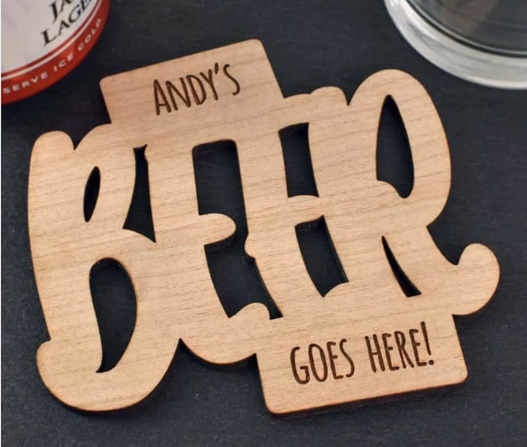 Beer Goes Here Name Coaster Wooden Personalised Minimalist Home Decor
