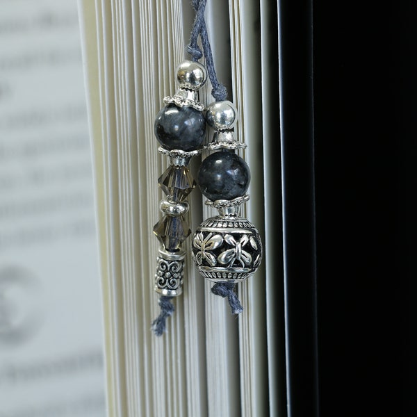 Striking Grey Veined JASPER Beaded Bookmark with Textured Tibetan Silver Beads. Chakra Bookmark. Gemstone Book Thong. Wax Cord Bookmark.