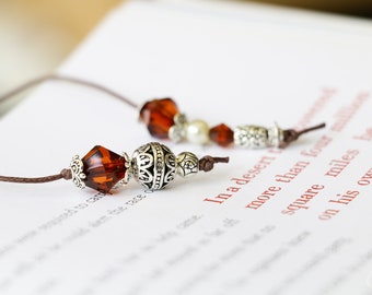 Brown and Silver Beaded Bookmark. Book Thong. Handmade Bookmark. Tibetan Silver Detailed Beads. Crystal Beads. Pearl Bead.