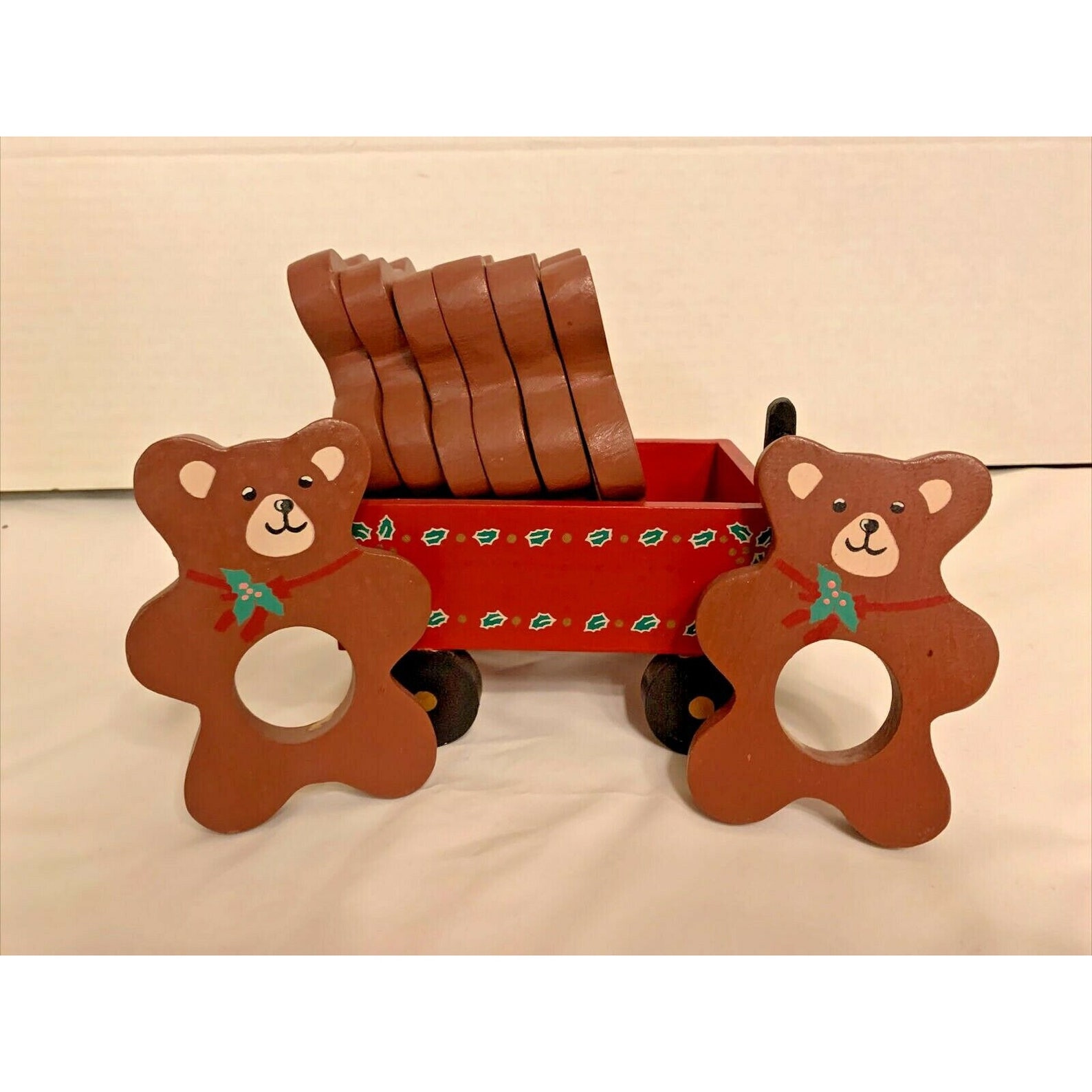 Vintage Rare Set Of 8 Wooden Teddy Bear & Wagon Christmas Etsy