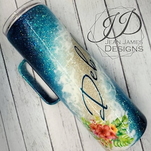 Beach Swirl Hibiscus and Monstera leaf glitter tumbler
