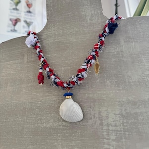 Red, White, Blue Patriotic and Nautical Bandana Necklace with Shell and Turtle Charms