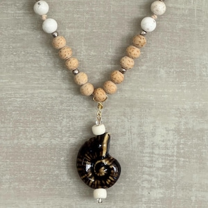 One-of-a-Kind Neutral Beaded Necklace with Brown Nautilus Shell Charm