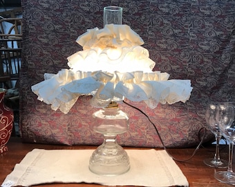 Vintage Oil lamp converted electric with glass chimney and ruffled fabric shade,  lamp chimney shade, ruffled oil lamp shade, vintage lamp