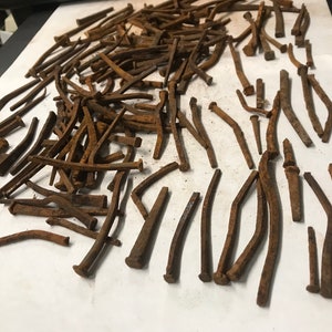 Rusty BENT Square Cut Nails old barn find Assorted Sizes Shapes 7 oz Rust Dyeing, Assemblage Rusted, farmhouse, barn nails, welding art