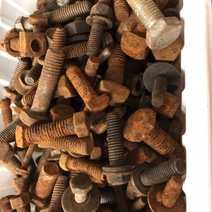 Rusty bolts 1&quot; - 3&quot; vintage primitive project assorted diameter one pound, rust dyeing, metal assemblage,  robot, vintage craft, mixed media