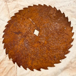 May include: A circular, rusty saw blade with sharp teeth. The blade has a central square hole and a smaller circular hole. The saw blade is a warm brown color and appears to be made of metal.