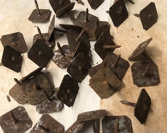 RUSTY roofing / tar paper 1&quot; nails, long,  project farmhouse, rust dyeing, metal assemblage, collage art, barn garage found objects 35 pcs
