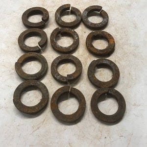 12 pc Old rusty circles vintage iron no bolt lock washers project rust dying metal with holes assemblage mixed media art vintage tools