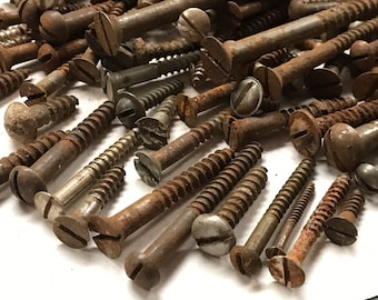 Flat head wood screws old rusty vintage slotted for primitive woodworking project  1/4” to 3” assorted sizes 7 ounce package vintage tools