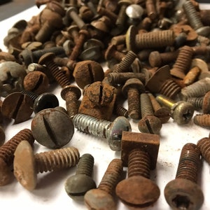 May include: A collection of various rusty screws and bolts, showcasing different head shapes and sizes. The fasteners are in shades of brown and gray, with visible signs of age and corrosion, suggesting vintage or reclaimed hardware.