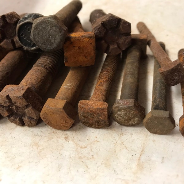 Rusty bolts 2" - 3" vintage primitive project assorted diameter one pound, rust dyeing, metal assemblage,  robot, vintage craft, mixed media