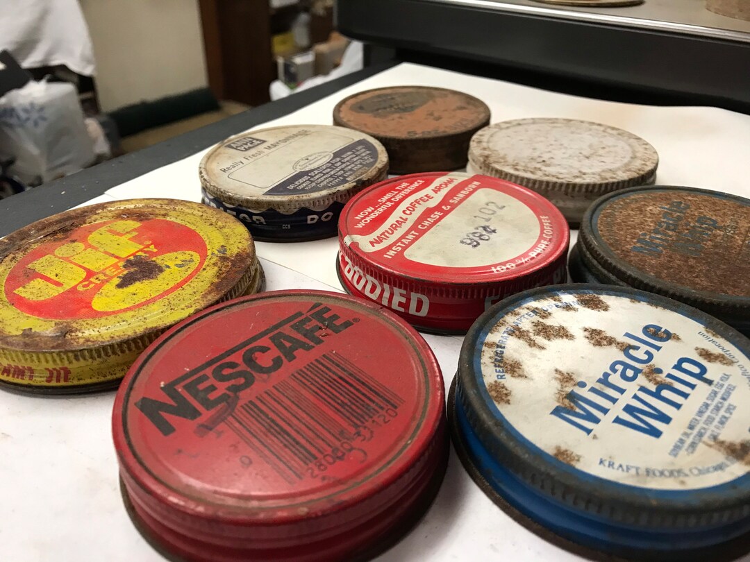8 Vintage Jar Lids Metal Advertising Vintage Kitchen Coffee Etsy