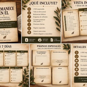 May include: A digital devotional guide for husbands titled Permanence en Él, featuring a seven-day study plan, reflection questions, daily prayers, and special pages for notes. The layout includes a table of contents and structured daily entries.