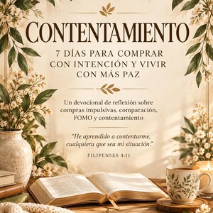 May include: A book cover titled CONTENTAMIENTO 7 DÍAS PARA COMPRAR CON INTENCIÓN Y VIVIR CON MÁS PAZ, featuring an open book, a floral vase, a mug, and a candle on a wooden surface, with the text JIREH BLOOMS at the bottom.