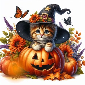 May include: A cute orange tabby cat wearing a black witch hat with a star on top sits inside a carved orange pumpkin. The cat is surrounded by fall foliage and butterflies.