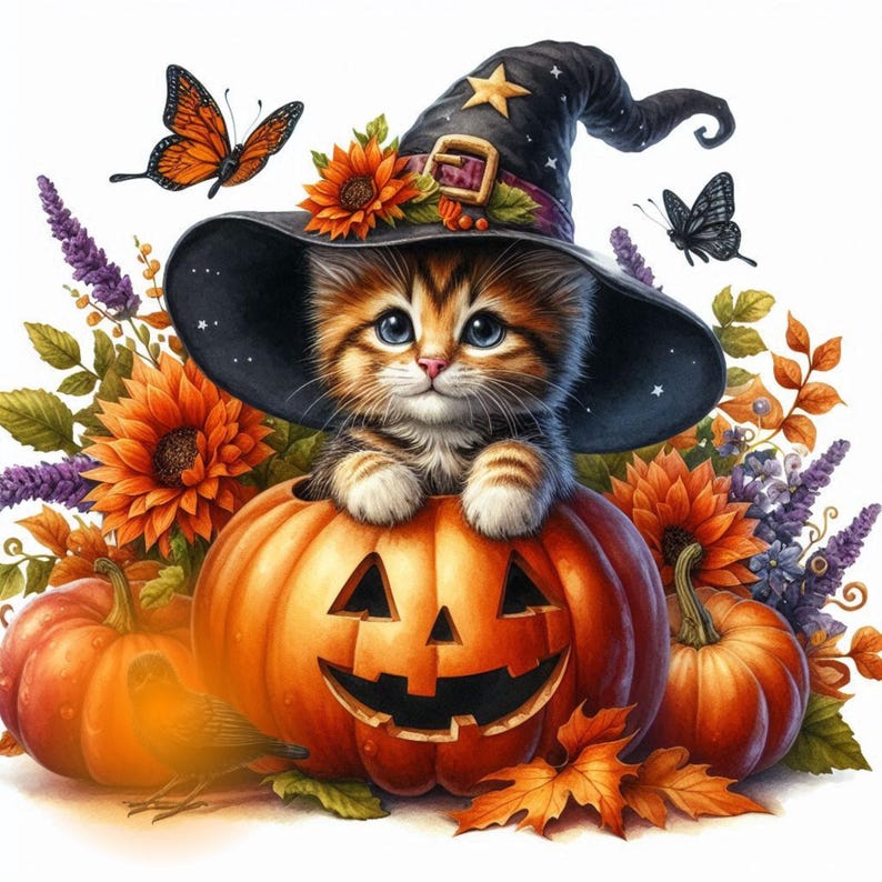 May include: A cute orange tabby cat wearing a black witch hat with a star on top sits inside a carved orange pumpkin. The cat is surrounded by fall foliage and butterflies.