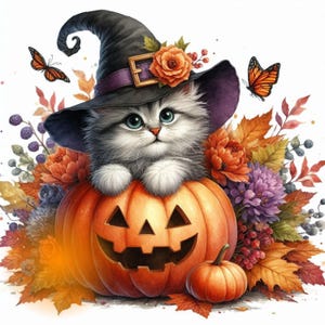 May include: A gray and white cat wearing a purple and black witch hat sits inside a carved orange pumpkin. The pumpkin is surrounded by fall foliage, including orange, red, and yellow leaves, purple flowers, and berries.