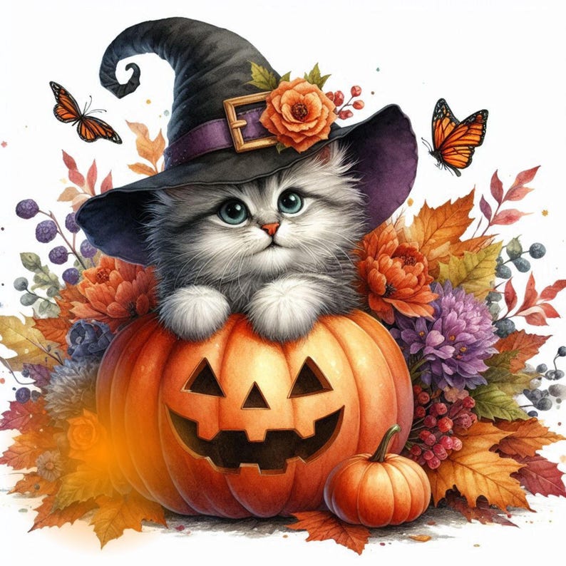 May include: A gray and white cat wearing a purple and black witch hat sits inside a carved orange pumpkin. The pumpkin is surrounded by fall foliage, including orange, red, and yellow leaves, purple flowers, and berries.