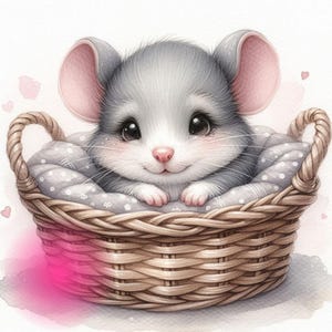 May include: A watercolor illustration of a cute, gray chinchilla with large, dark eyes and pink ears, nestled in a woven wicker basket. The basket is lined with a gray fabric dotted with white spots. Soft pink accents and hearts surround the chinchilla.