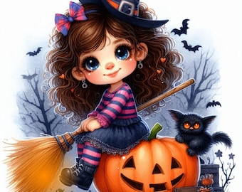 Adorable, Little Girl Witches, Perfect for Nursery or Kid's Room, Apparel, Cards and Other Fun Crafts, Digital JPG Images, Instant Fun