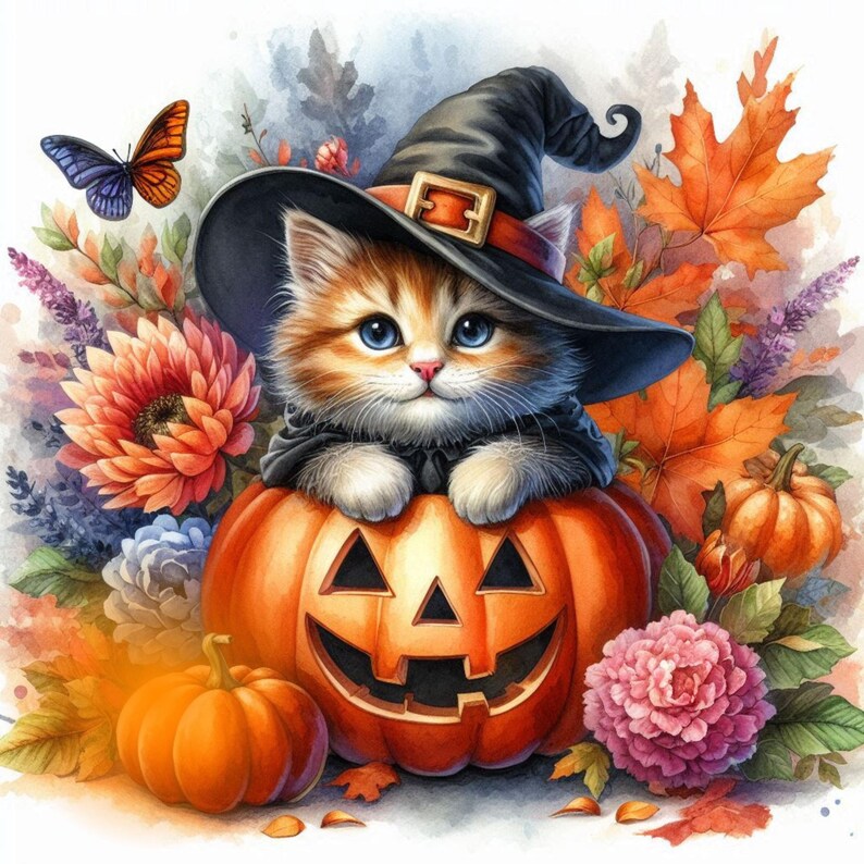 May include: A cute orange tabby cat wearing a black witch hat sits in front of a carved orange pumpkin with a jack-o'-lantern face. The cat is surrounded by fall foliage, including orange and red leaves, and a small orange pumpkin.