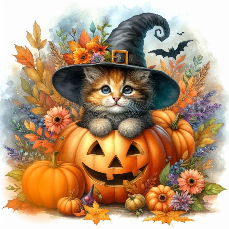 May include: A cute orange and white kitten wearing a black witch hat sits inside a carved orange pumpkin. The pumpkin is surrounded by fall foliage, including leaves, flowers, and small pumpkins.