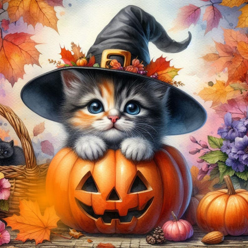 May include: A black and orange Halloween themed cat wearing a witch's hat sits inside a carved pumpkin. The cat has blue eyes and is looking at the camera. The pumpkin is on a wooden surface with fall leaves and a small pumpkin.