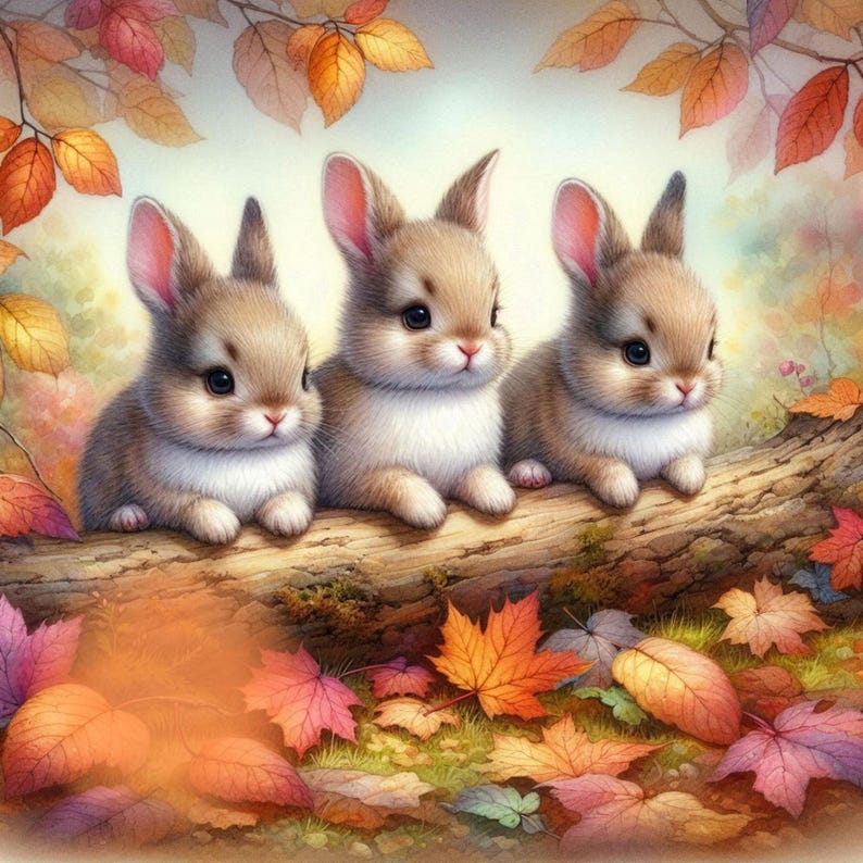 Adorable Autumn Bunnies, Use for Cards, Nursery Wall Art, Apparel