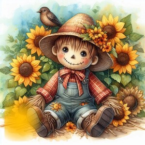 May include: A cute scarecrow with a straw hat, red and black plaid shirt, blue overalls, and a red bow tie. The scarecrow is sitting in a field of sunflowers.